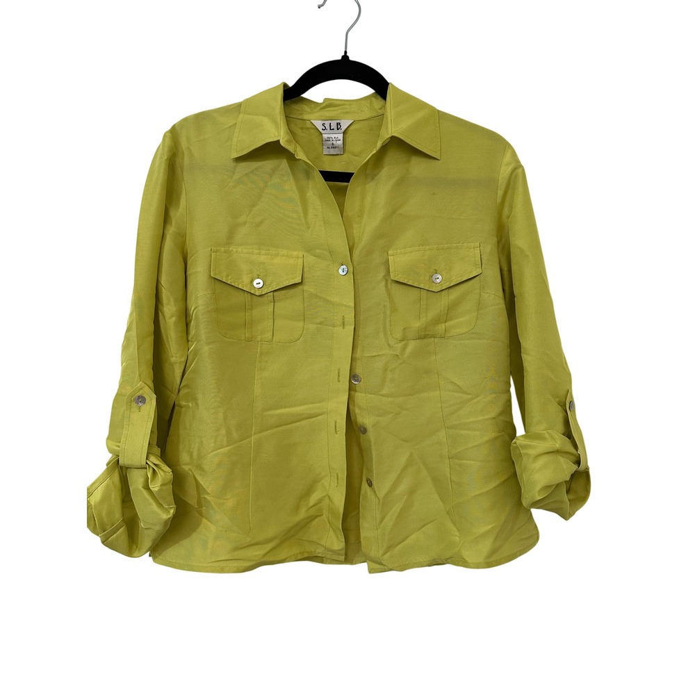 S.L.B. Womens 100% Silk Button Down Shirt Chartreuse Green S Quiet Luxury Career